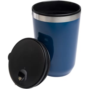 A blue reusable coffee cup with a black lid and a silver band around the top. Features a logo on the cup.