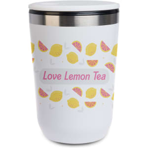 A reusable coffee cup in white, featuring a design of lemons and a logo.