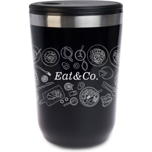 A reusable coffee cup in black with a metallic silver lid and decorative food illustrations.