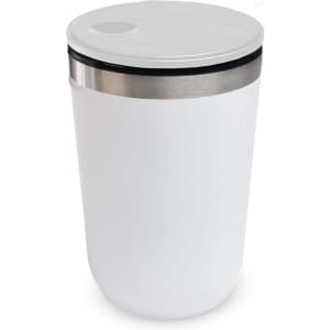 A white reusable coffee cup with a stainless steel band and a lid, featuring a sleek and modern design.