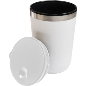 A reusable coffee cup in white with a black interior and a stainless steel rim, featuring a matching lid.