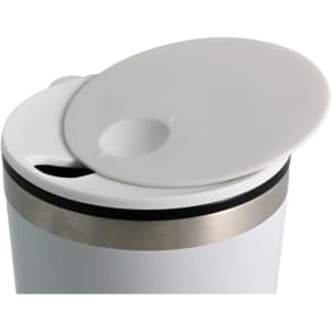 A reusable coffee cup in white with a silver band and a white lid. The lid features a drink opening.