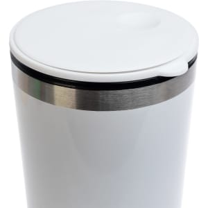 A reusable coffee cup in white with a silver metallic band and a white lid, featuring a small opening for sipping.