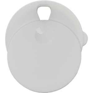 A reusable coffee cup with a sleek white design, featuring a smooth round body and a circular lid with a handle.