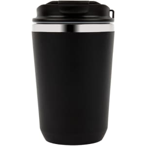 A double wall coffee cup in sleek black with a stainless steel band and a black lid, featuring a logo.