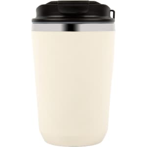 A double wall coffee cup in cream with a black lid and a silver accent. Features a logo on the side.