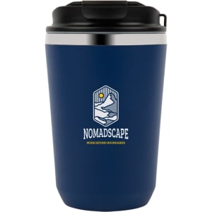 A double wall coffee cup in navy blue with a black lid and a logo on the front.