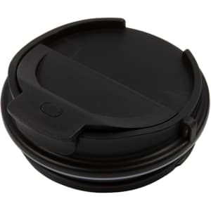 A black coffee cup lid with a sliding opening and sealed edge, designed for a double wall coffee cup.