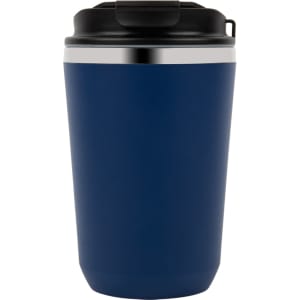 A double wall coffee cup in dark blue with a black lid and a silver band around the top. It features a logo.