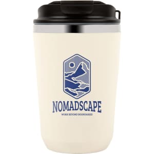 A cream double wall coffee cup with a black lid and a logo featuring mountains and a hand design.