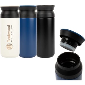 A collection of three double wall coffee cups in white, blue, and black, featuring a black lid and a logo.
