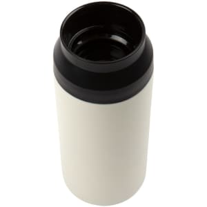 A double wall coffee cup in cream with a black lid and interior, featuring branding.