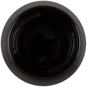 A coffee cup with a sleek black exterior and a smooth, dark interior. It features a logo on the side.