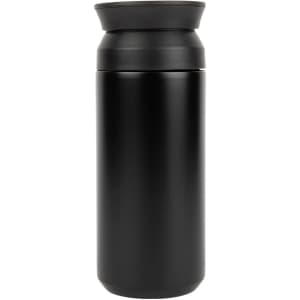 A double wall coffee cup in matte black, featuring a lid and a sleek, cylindrical design. It has a logo on the surface.