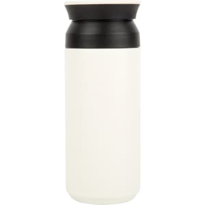 A double wall coffee cup in white with a black lid. It features a sleek design and has a logo.