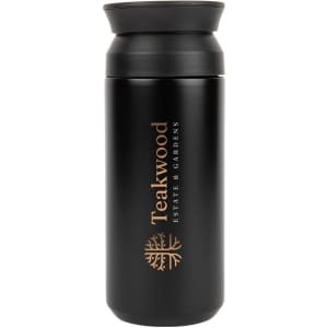 A double wall coffee cup in matte black with a lid and a logo. Features a sleek, modern design.