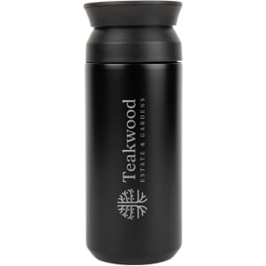 A black double wall coffee cup with a lid, featuring a logo on the side.