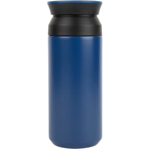 A double wall coffee cup in blue with a black lid, featuring a logo.