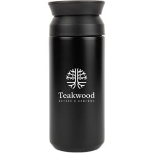 A double wall coffee cup in matte black with a lid and a logo on the front.
