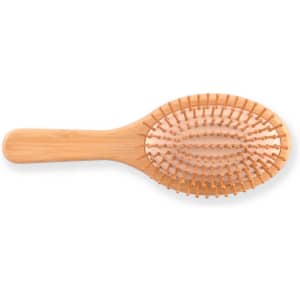 A bamboo hair brush featuring a smooth handle and evenly spaced bristles, designed for hair care.