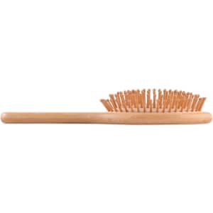 A bamboo hair brush with a curved design and wooden bristles, ideal for gentle detangling and scalp massage.
