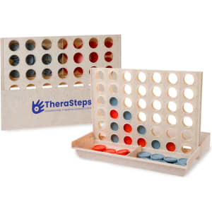 A two-sided Connect Four-style game featuring red, grey, and blue playing pieces, with a logo on the base.