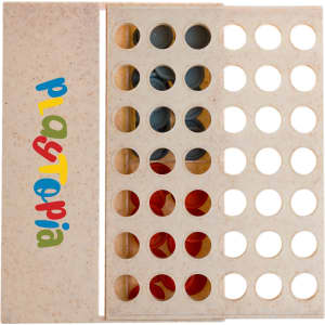 A beige game box featuring circular holes and colored pieces in red and blue, with a logo present.