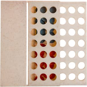 A beige game board featuring circular slots for colorful game pieces in red, blue, and yellow.
