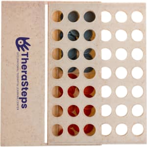 A game board with red and blue tokens placed in a beige frame, featuring a logo.
