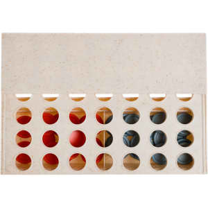 A rectangular game board in light beige with circular holes, featuring red and blue game pieces positioned inside.