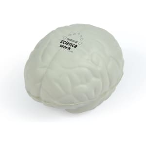 A white brain-shaped stress ball with detailed textures and a logo on one side.