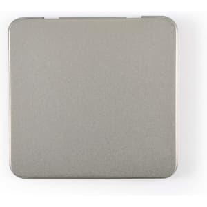 A metal tin box with a flat, silver surface designed to hold colored pencils.