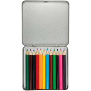 A tin containing 12 coloured pencils in various colors, neatly arranged and ready for use.