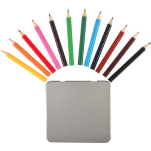 A tin containing 12 coloured pencils arranged in a fan shape, featuring various colors including green, pink, and yellow.