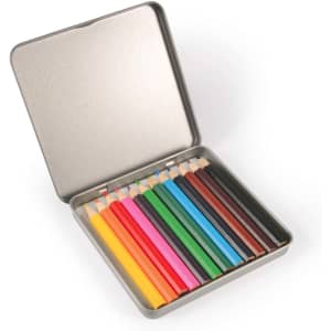 A tin containing 12 colored pencils in various vibrant colors. The pencils are neatly arranged inside the open tin.
