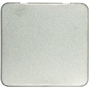 A metal tin designed to hold 12 colored pencils. The tin has a simple, smooth surface with a square shape.