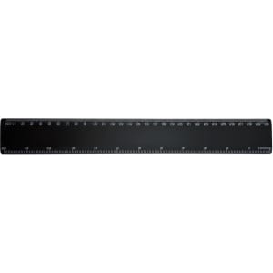 A black 30cm ruler featuring metric markings, with a logo on one side.