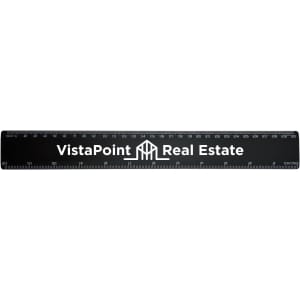 A 30cm black ruler featuring white measurement markings and a logo. Ideal for office and business use.