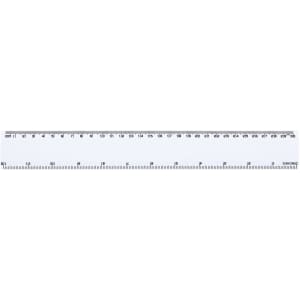A 30cm transparent ruler with millimetre and centimetre markings, featuring a simple design and a logo.