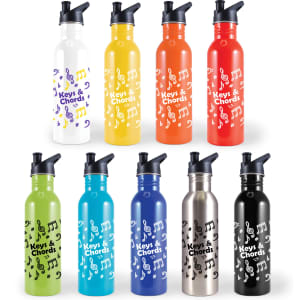 A drink bottle collection featuring white, yellow, orange, red, blue, green, stainless steel, and black options with a logo.