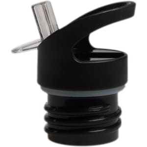 A drink bottle cap in black with a spout and clear plastic cover, designed for easy pouring.