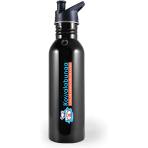 A black drink bottle with a lid and a logo. It has a sleek, metallic finish.