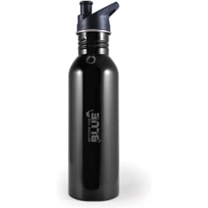 A drink bottle in black stainless steel with a dark blue cap and a branded logo on the front.