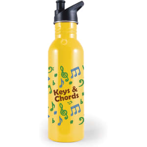 A drink bottle in bright yellow featuring musical notes and a branding logo.
