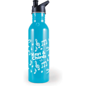 A drink bottle in turquoise featuring a black flip-top lid and a white musical notes design with branding.