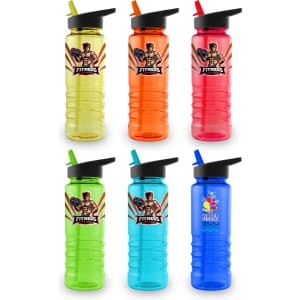 A drink bottle collection featuring six vibrant colours: green, orange, pink, blue, and two clear styles, each with a logo and a straw.