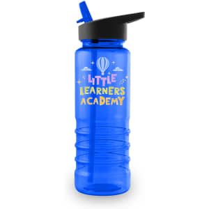 A drink bottle in bright blue with a black cap and a logo. Features a design with balloons and clouds.