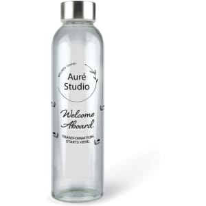A drink bottle made of clear glass with a silver lid and a logo, featuring a sleek, minimalist design.