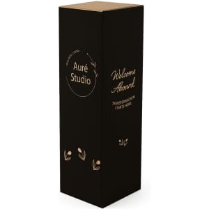 A drink bottle with a sleek design in black, featuring subtle leaf motifs and a logo. Compact and modern in appearance.