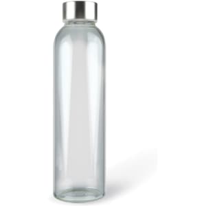 A drink bottle made of clear glass with a metallic silver lid and a minimalist design.